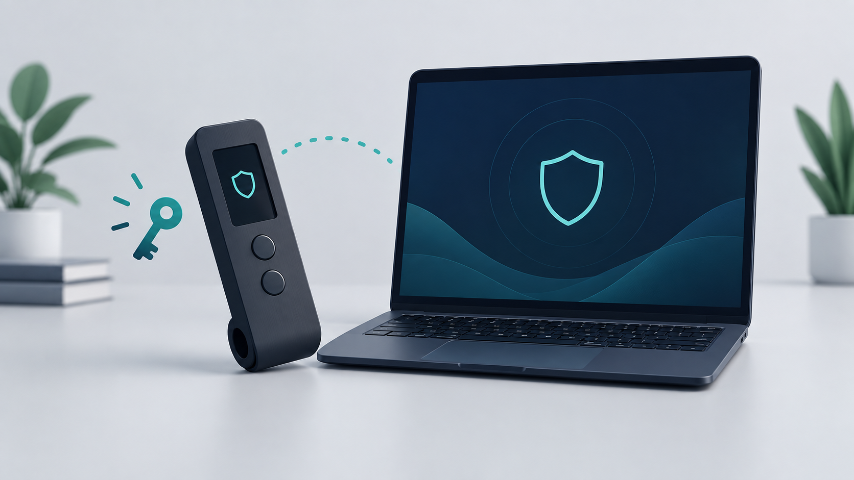 Ilustración de una hardware wallet junto a un ordenador y un símbolo de clave.